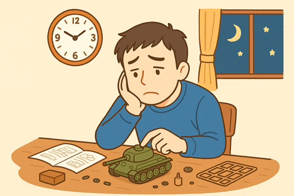趣味の模型工作をしようとしたが、夜も遅く翌日会社のため工作をあきらめようとしている男性
